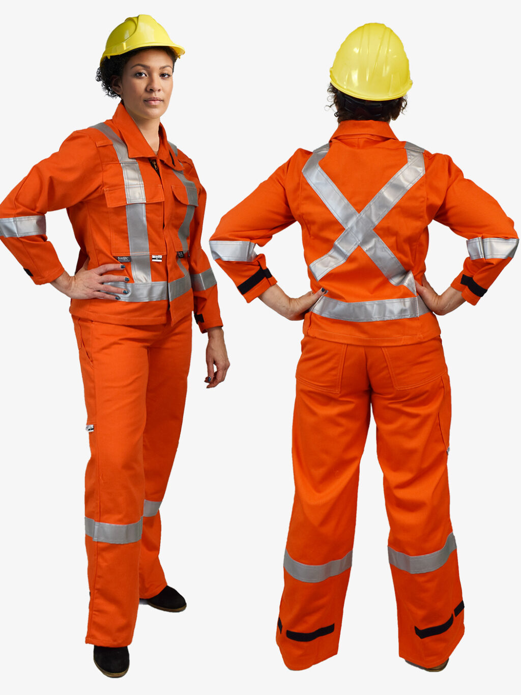 Woman-wearing-Ultrasoft-9oz-Hi-Vis-Flame-Resistant-FR-Suit-All-Coveralls